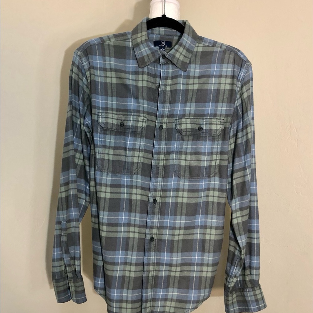 George Men's Flannel Super Soft Plaid Button Down Shirt Blue Green Small 34-36